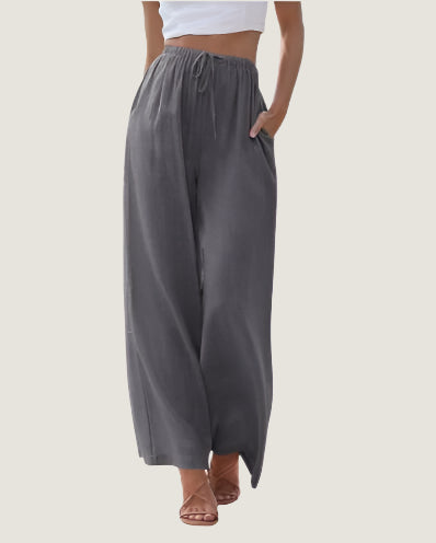 Women’s Wide-Leg Trousers – Linen Blend – Relaxed Fit – Drawstring Waist – Full Length