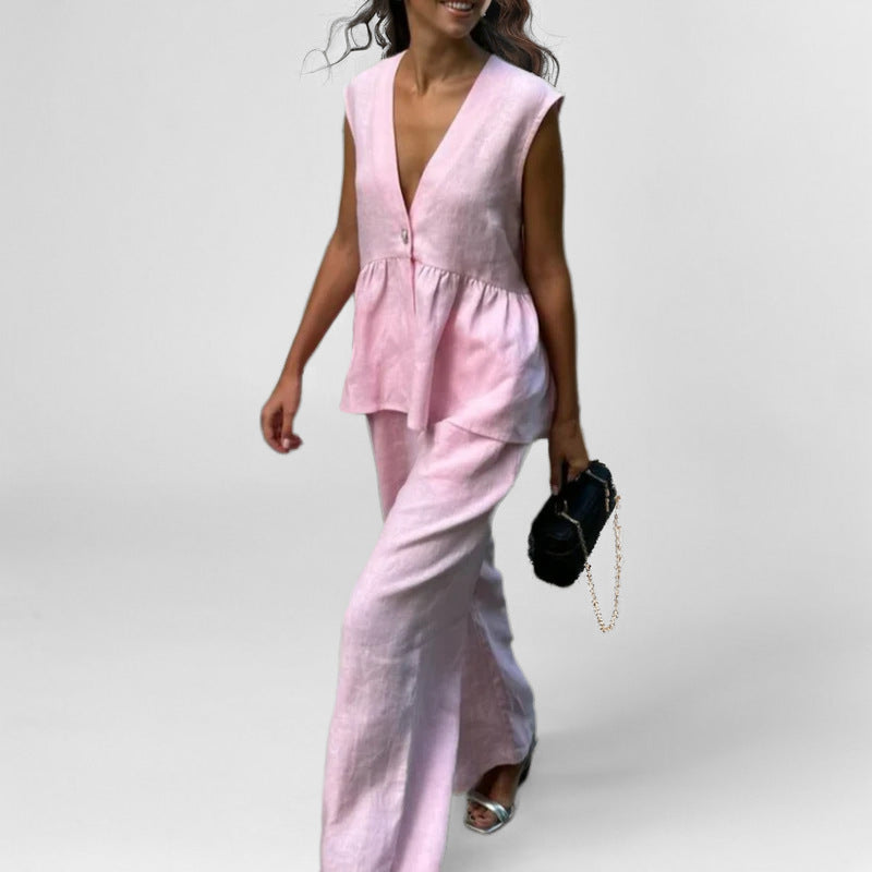 Women’s Vest and Pants Set – Linen Blend – Peplum Waist – High-Waist Wide-Leg
