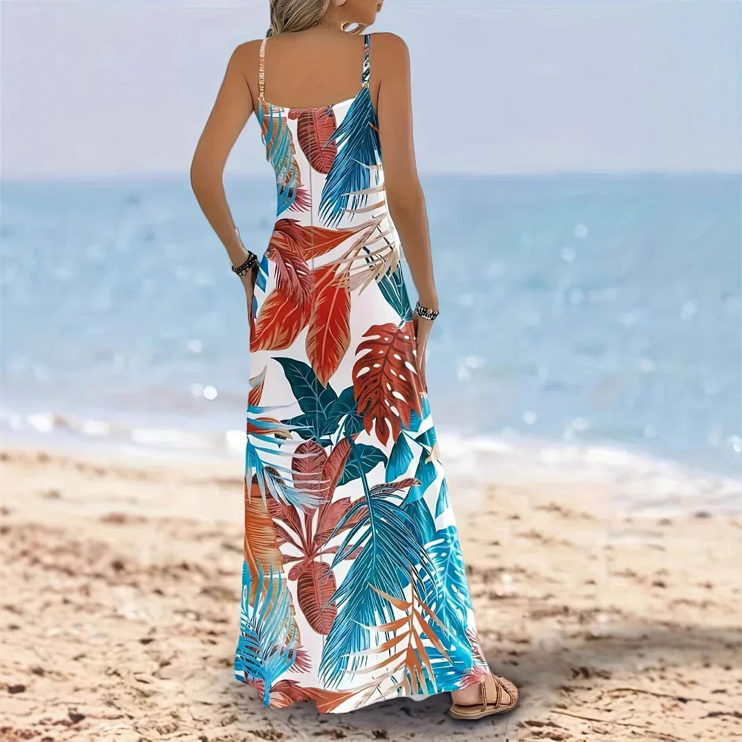 Women’s Maxi Dress – Flowing Fit – Tropical Leaf Print – Cotton Blend – Sleeveless