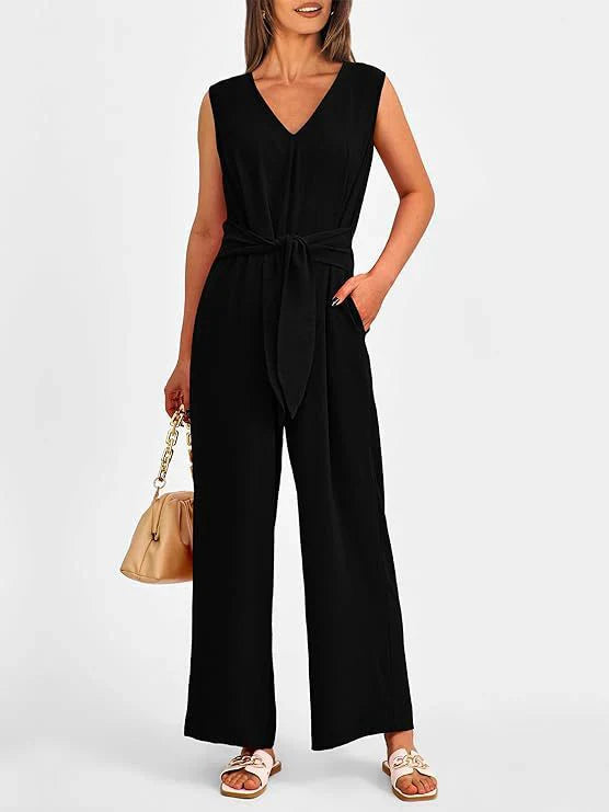 Women’s Jumpsuit – Wide Leg – V-Neck – Waist Tie – Sleeveless Elegant Fit