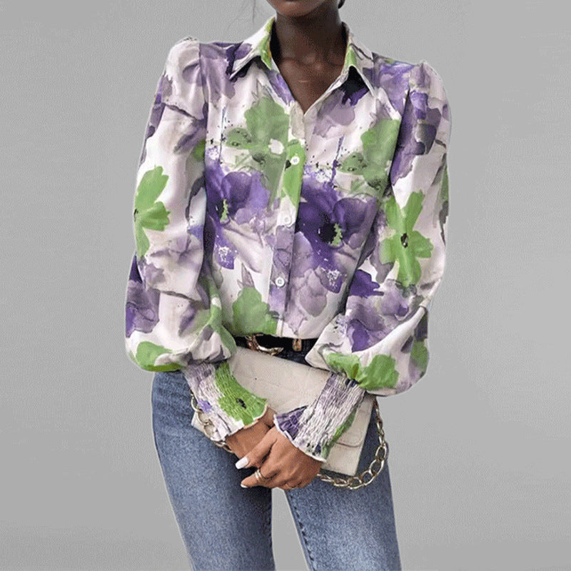 Women’s Button-Down Shirt – Oversized Fit – Puff Sleeve – Floral Print – Smocked Cuffs
