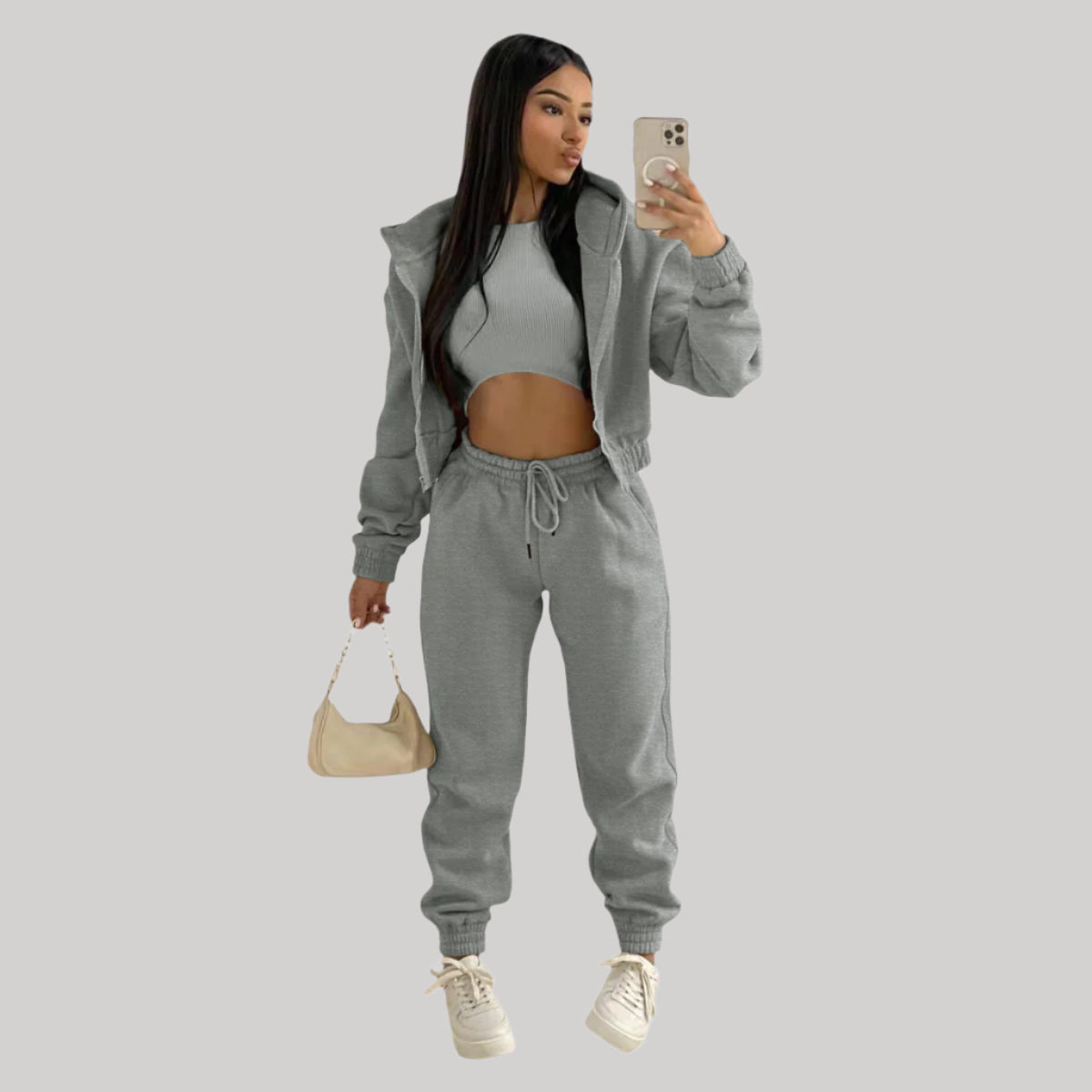 Women’s Tracksuit – 3 Piece Lounge Set – Crop Top – Zip Up Hoodie – Jogger Pants