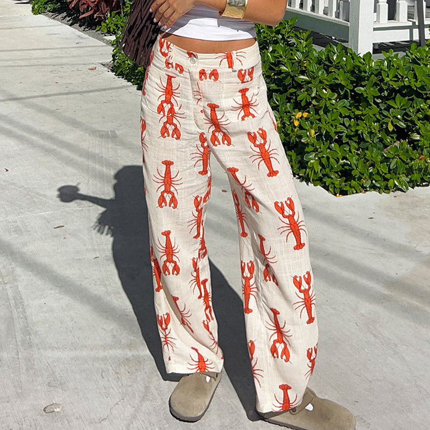 Women’s Straight Leg Trousers – Relaxed Fit – Bold Lobster Print – Breathable Blend