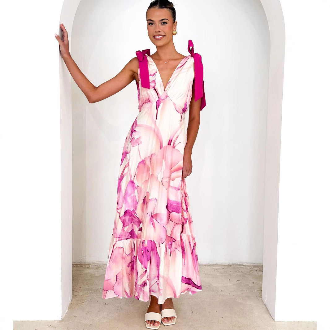 Women’s Maxi Dress – Sleeveless V-Neck – Tie Shoulder – Flowing Fit – Printed Design