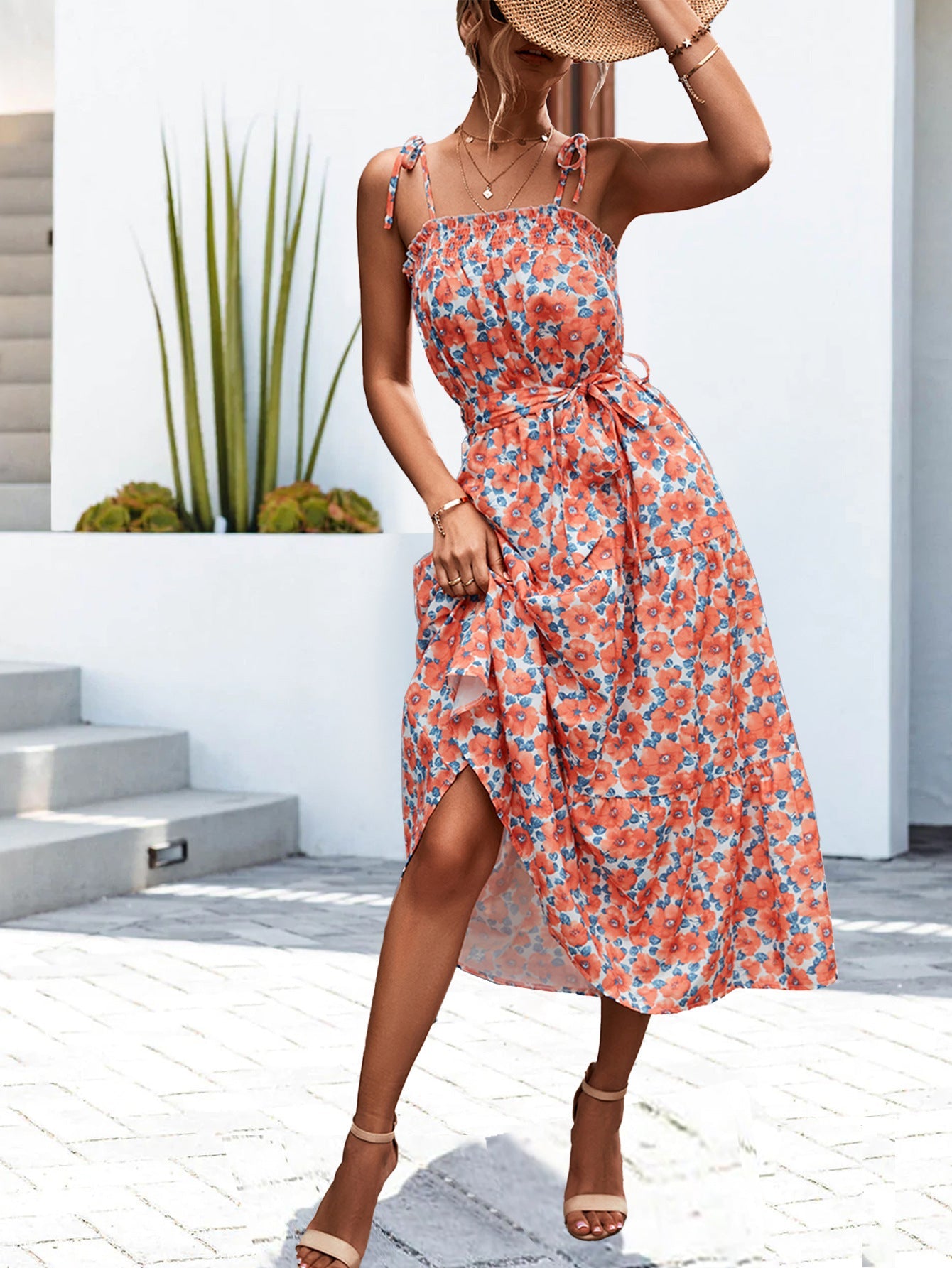 Women's Sundress - Floral Print - Square Neck - Tie-Strap - Cinched Waist - Midi Length