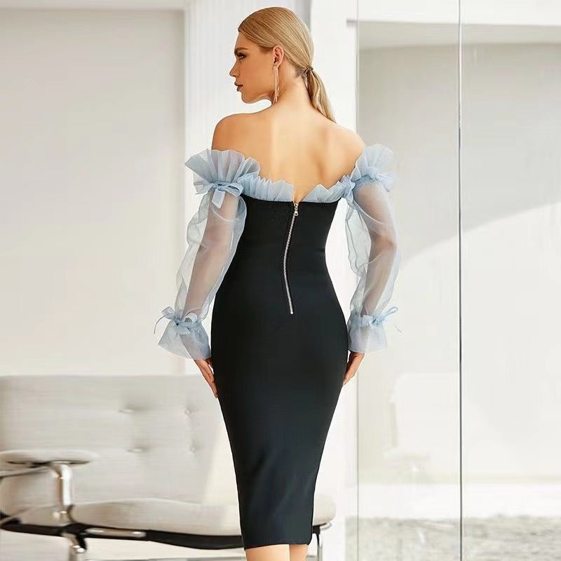 Women’s Bodycon Dress – Midi Length – Off-Shoulder – V-Neck – Sheer Ruffle Sleeves