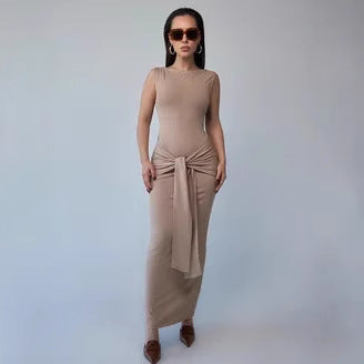 Women’s Bodycon Dress – Maxi Length – Slim Fit – Sleeveless with Waist Tie