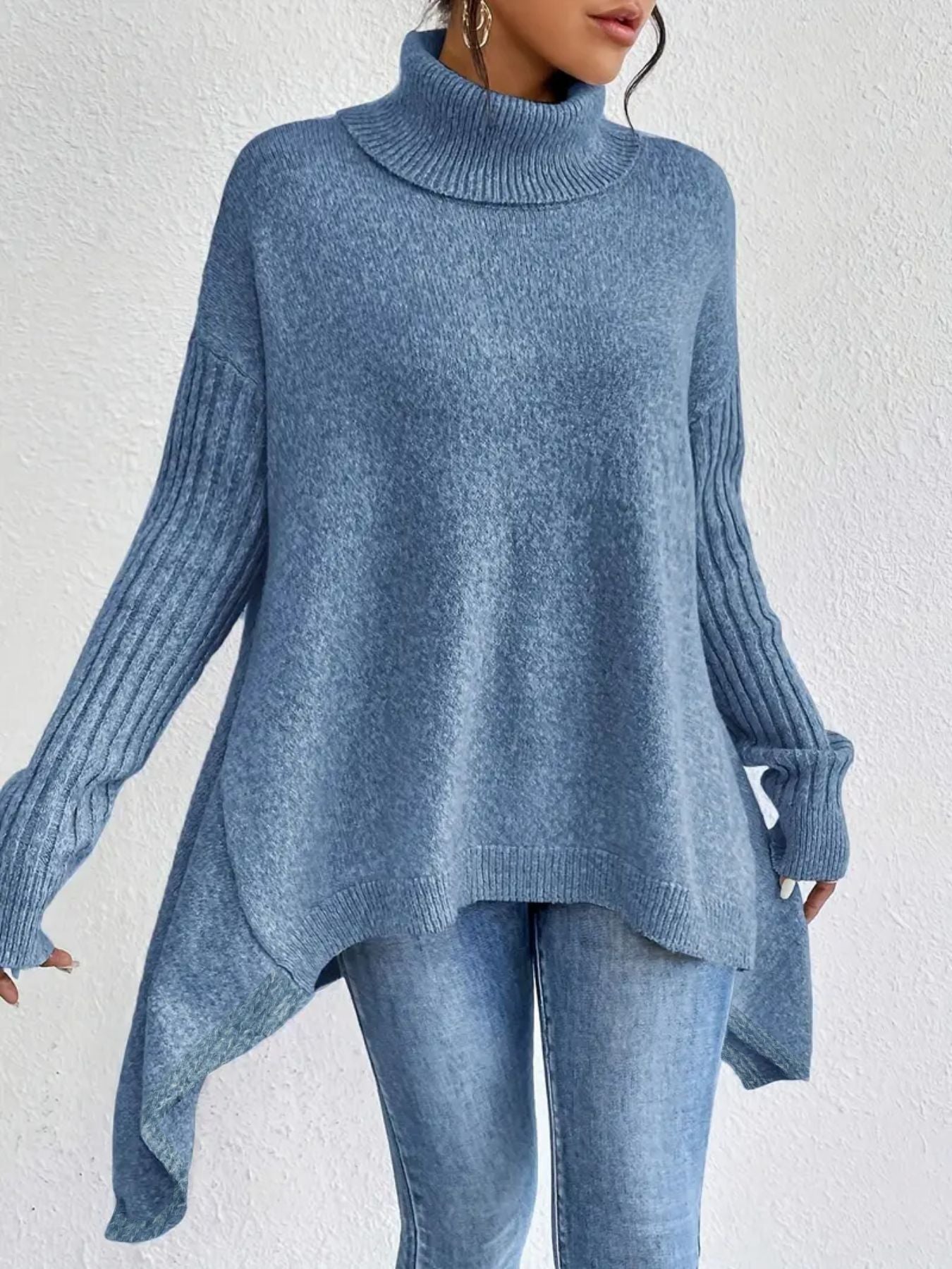 Women’s Turtleneck Sweater – Oversized Fit – Wool Knit – Asymmetrical Hem – Ribbed Sleeves