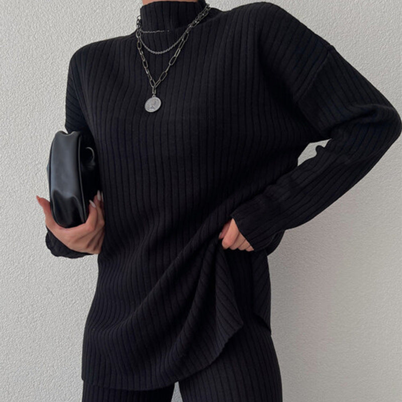 Women’s Knit Set – Ribbed Two-Piece – Relaxed Fit – Semi-High Neck – Full Length