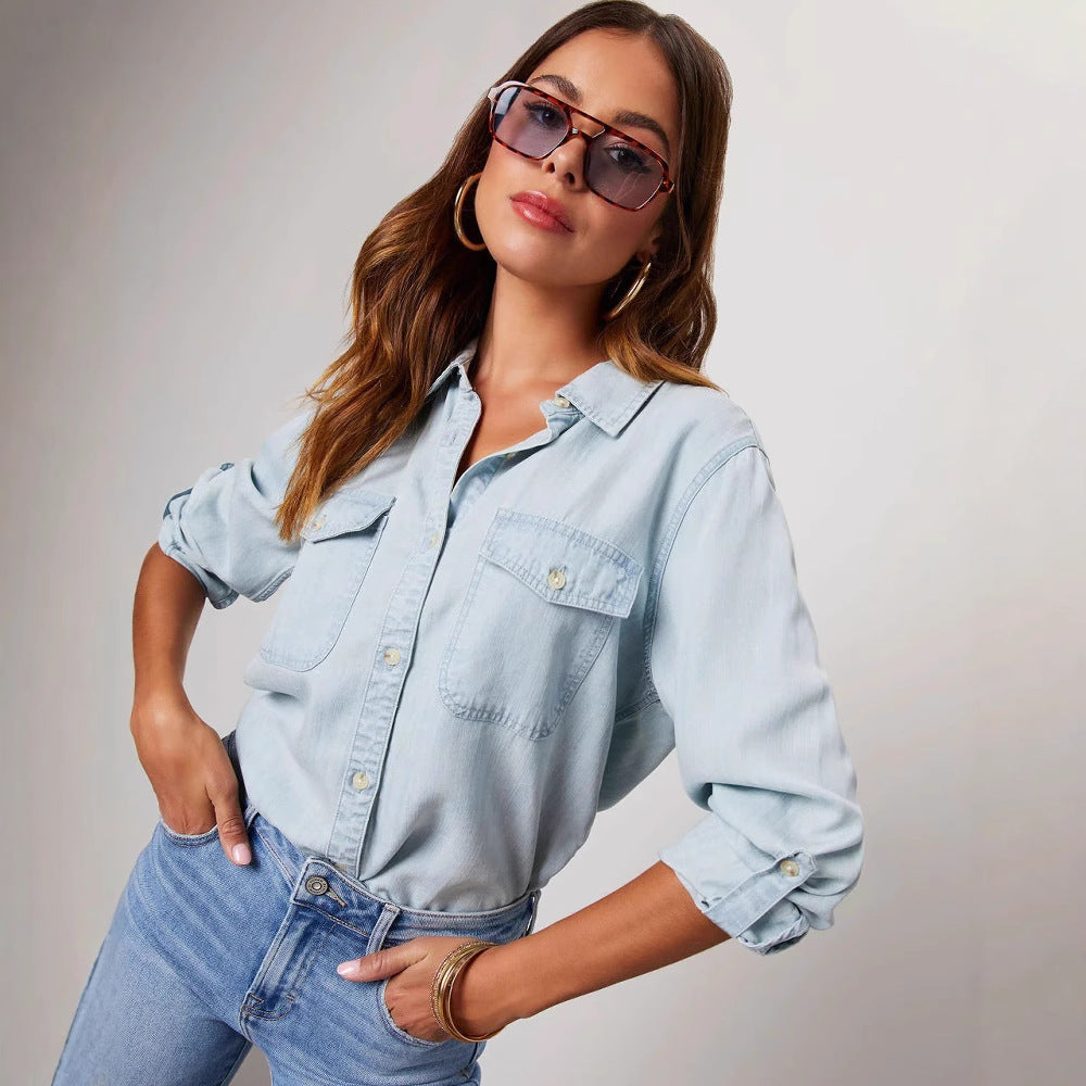 Women’s Denim Shirt – Relaxed Fit – Button Down – Chest Pockets – Long Sleeve Casual