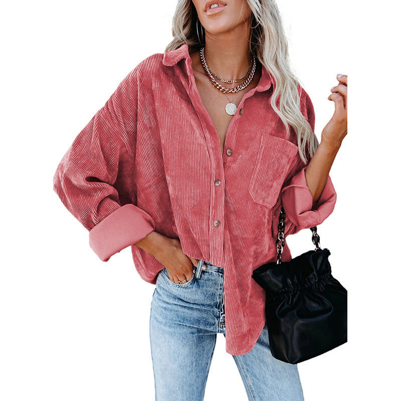 Women’s Button-Up Shirt – Oversized Fit – Textured Fabric – Rolled Sleeves Casual Style