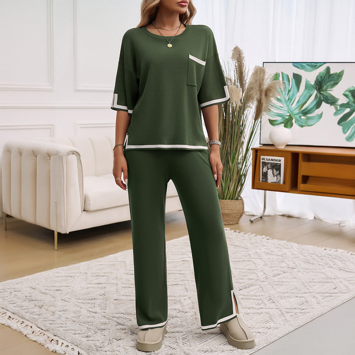 Women’s Lounge Set – Soft Knit – Relaxed Fit – Wide-Leg Pants – Contrast Trim