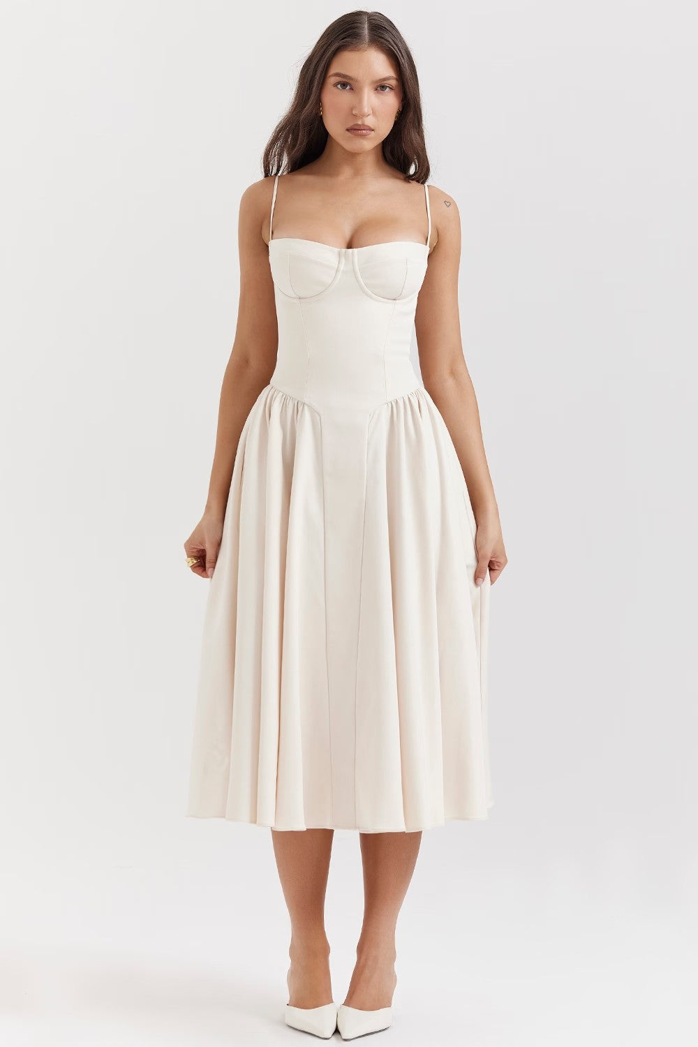 Women’s Midi Dress – Fitted Bodice – Spaghetti Straps – Pleated A-Line Skirt