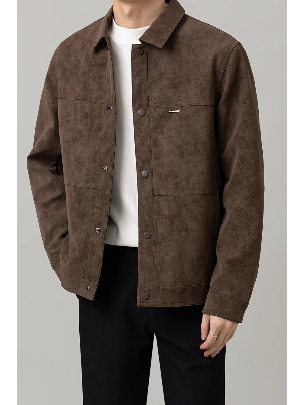 Men’s Suede Jacket – Regular Fit – Button-Up Front – Classic Collar – Hip Length