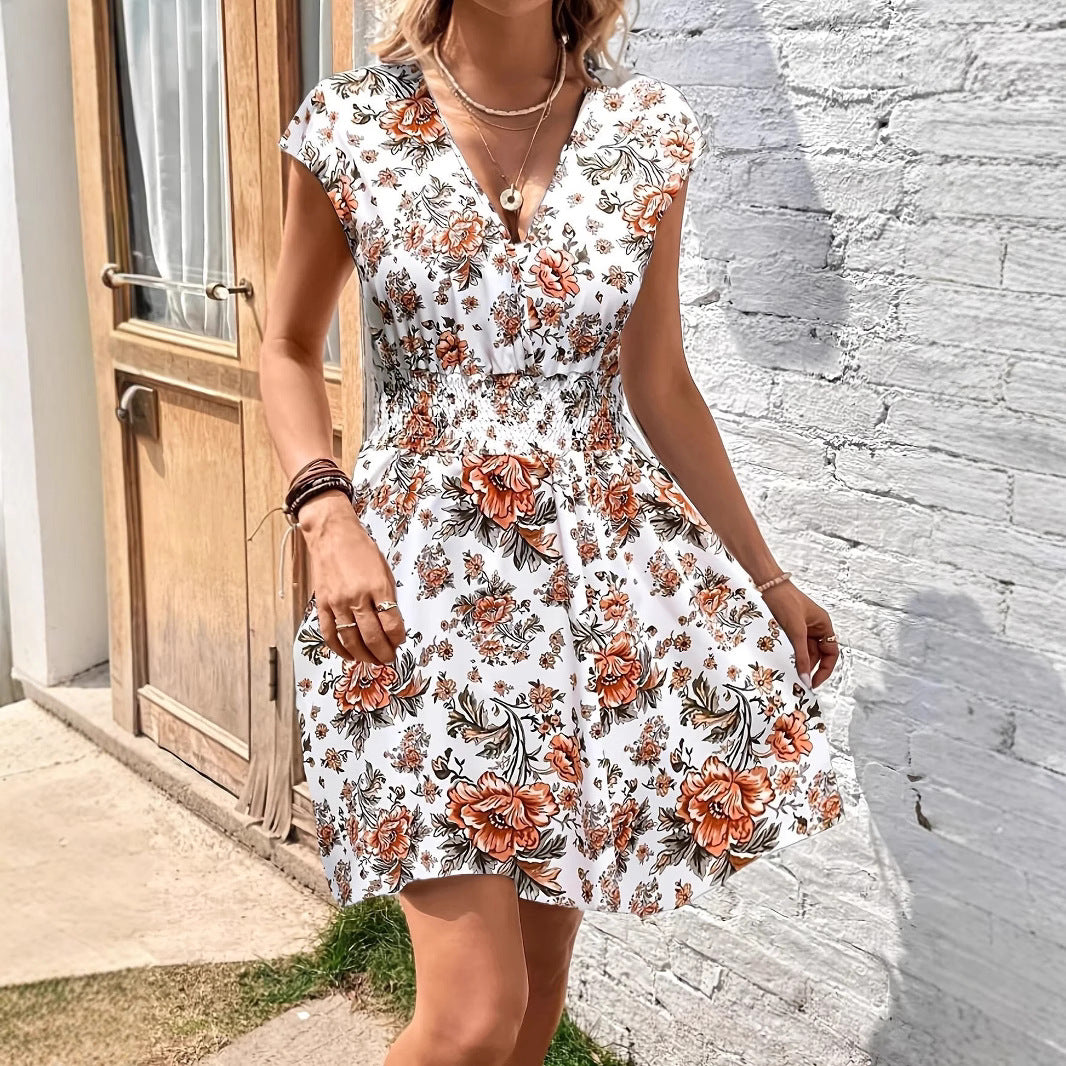 Women’s A-Line Dress – Breathable Blend – Flutter Sleeves – Smocked Waist – V-Neck
