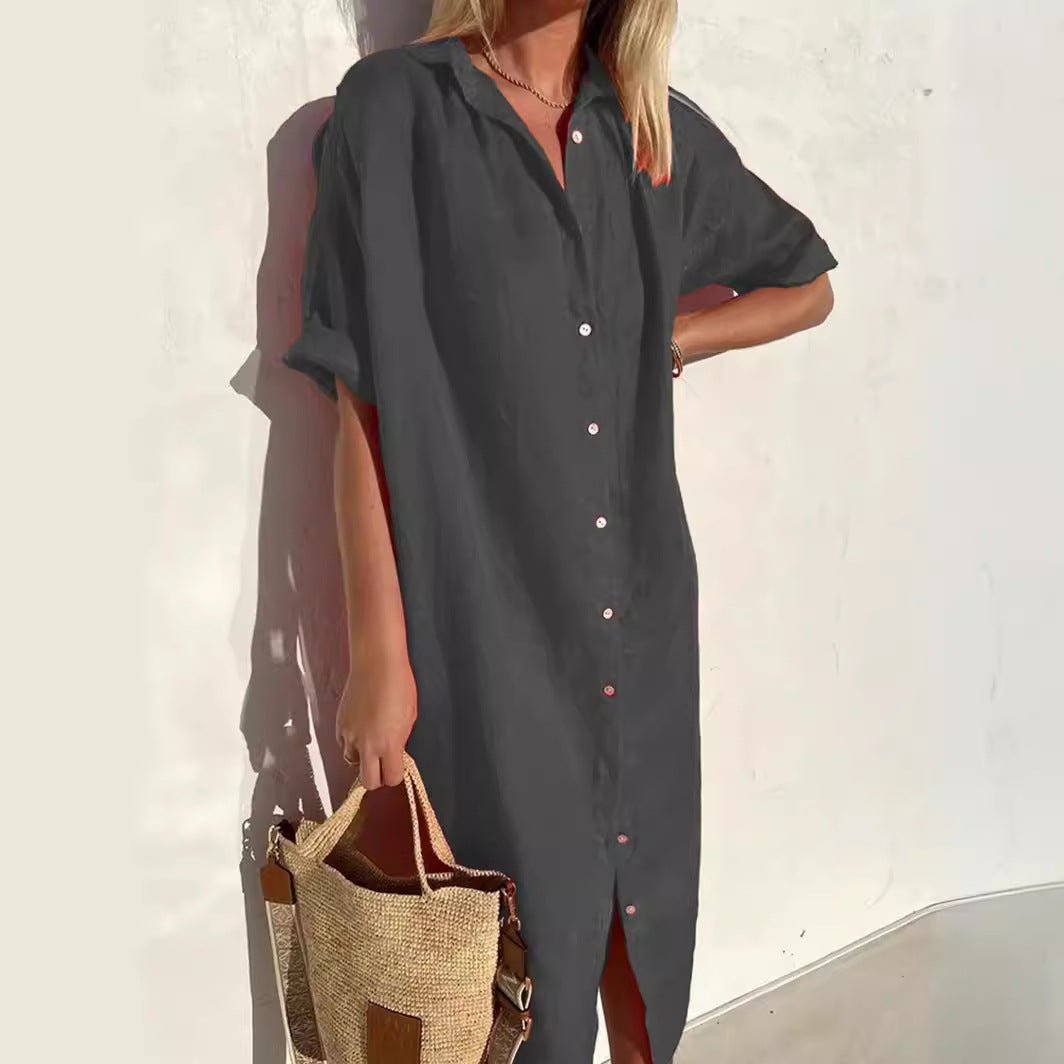 Women’s Shirt Dress – Cotton Linen Blend – Relaxed Fit – Button Down – Midi Length