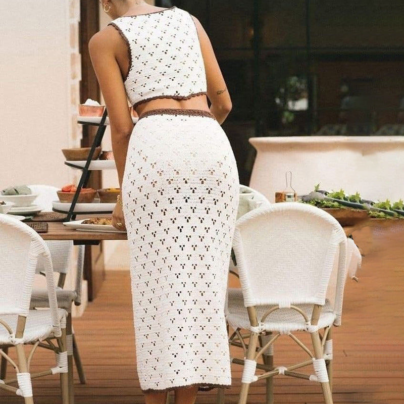 Women’s Knitted Dress Set – Slim Fit – Sleeveless Crop Top – Lace Openwork – Midi Skirt