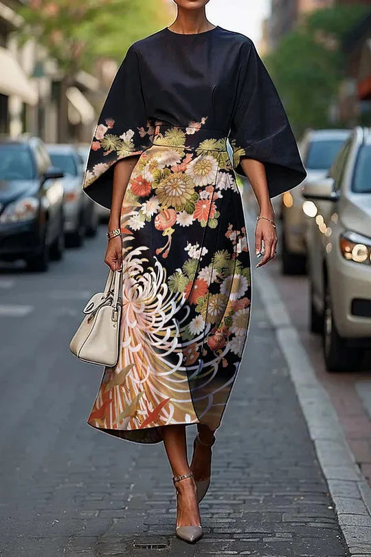 Women’s Midi Dress – A-Line Fit – Kimono Sleeves – Floral Print