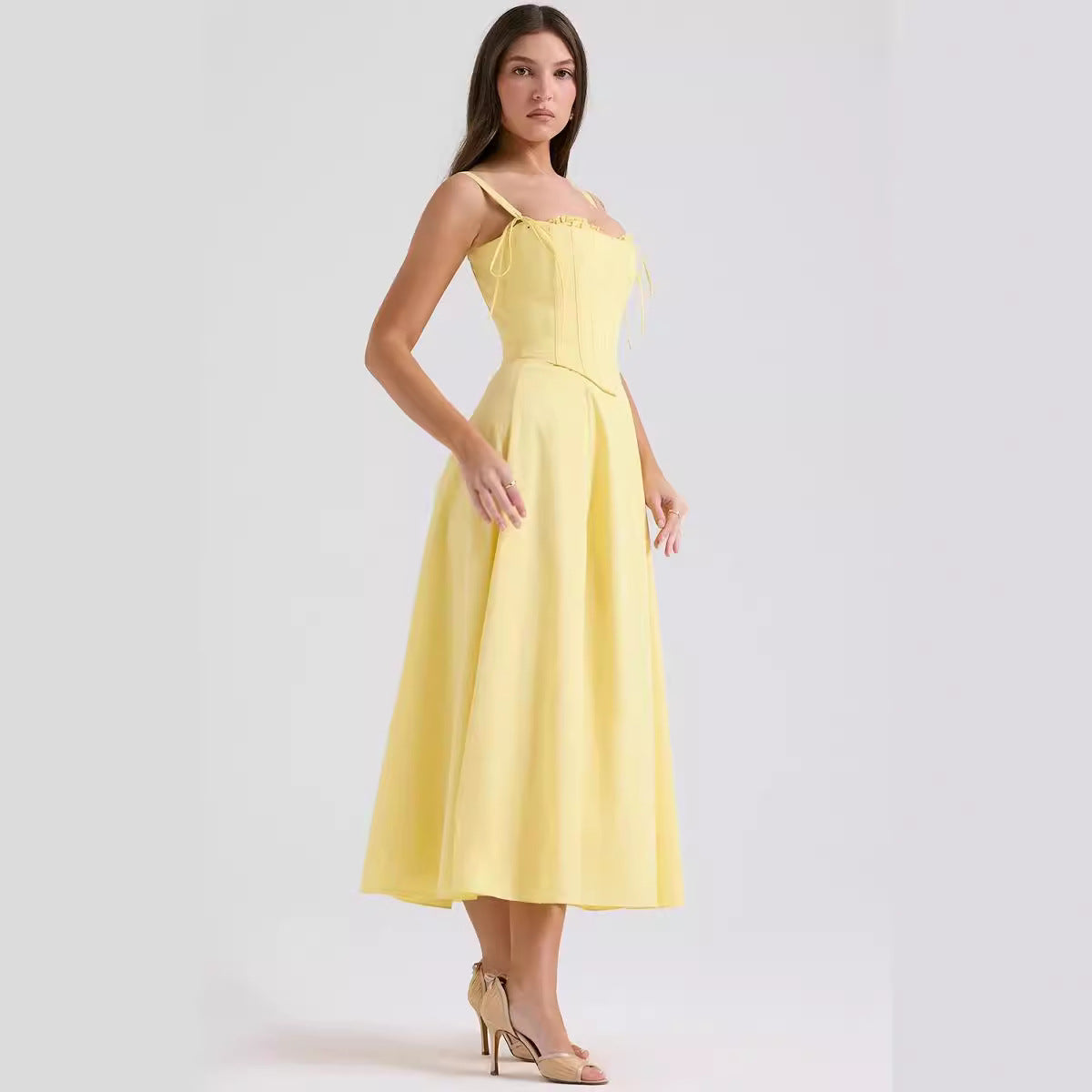 Women’s Midi Dress – Corset Bodice – A-Line Silhouette – Spaghetti Straps Elegant Fit
