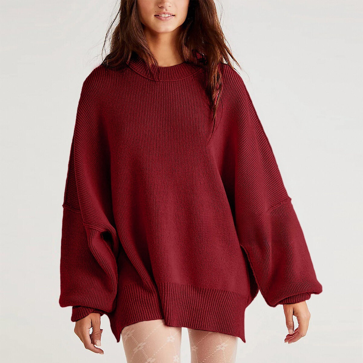 Women’s Pullover Knit Sweater – Oversized Fit – Crew Neck – Long Sleeve – Side Slits