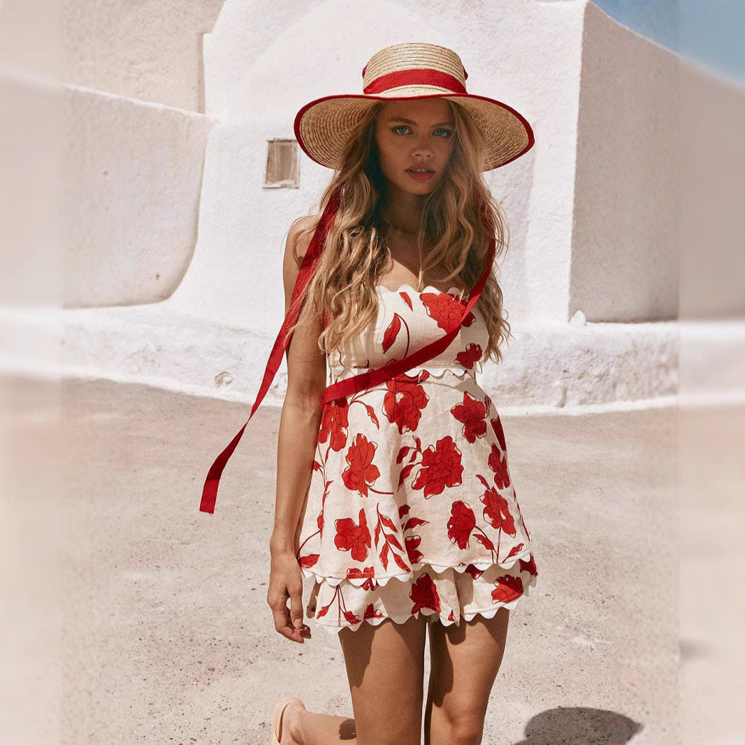 Women’s Two-Piece Set – Linen – Cropped Top & Mini Shorts – Floral Print – Lace Trim