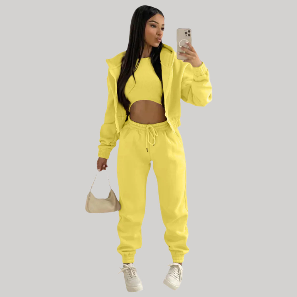 Women’s Tracksuit – 3 Piece Lounge Set – Crop Top – Zip Up Hoodie – Jogger Pants