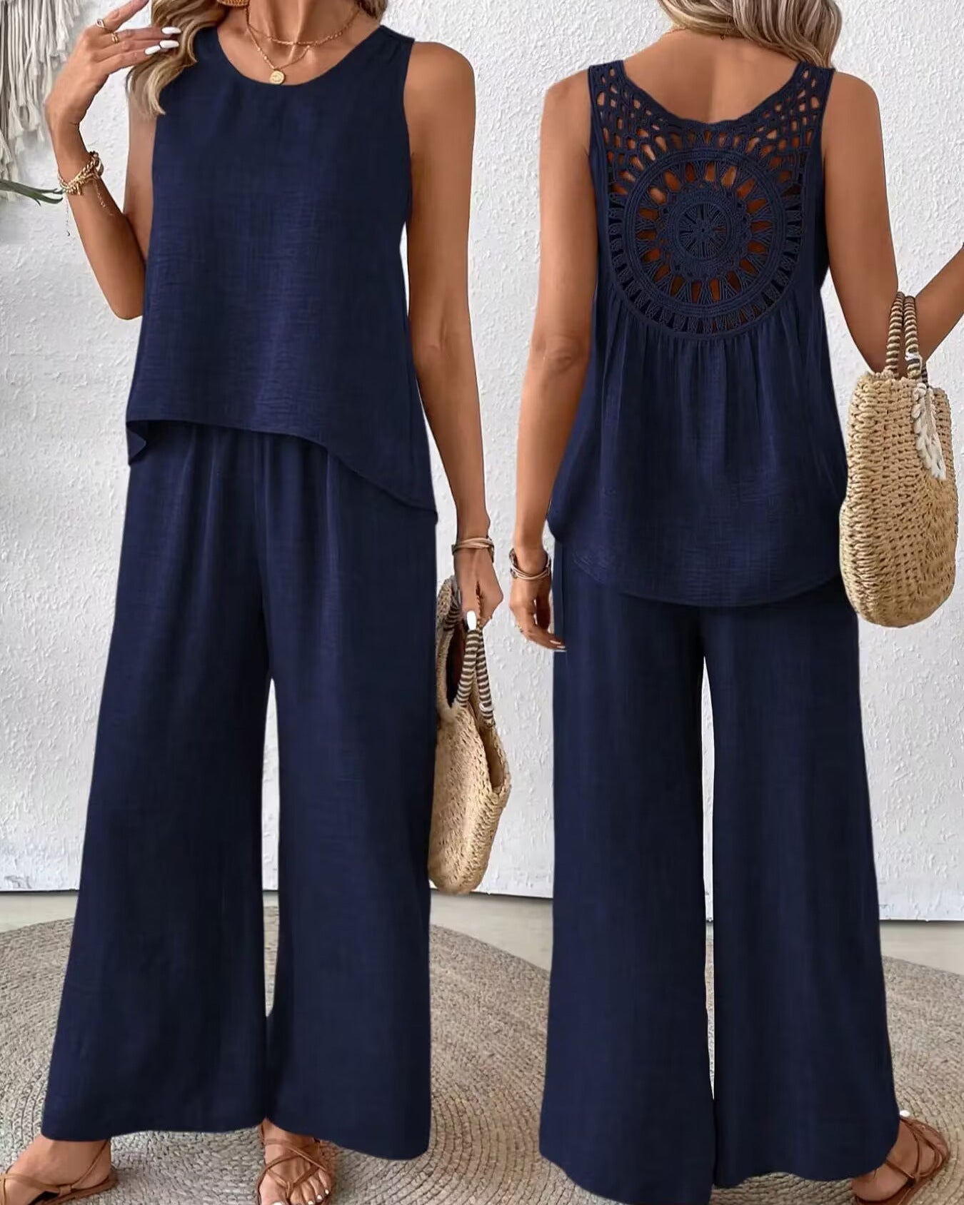 Women’s Two-Piece Set – Linen Blend – Sleeveless Crochet Top – High Waist Wide-Leg Trousers