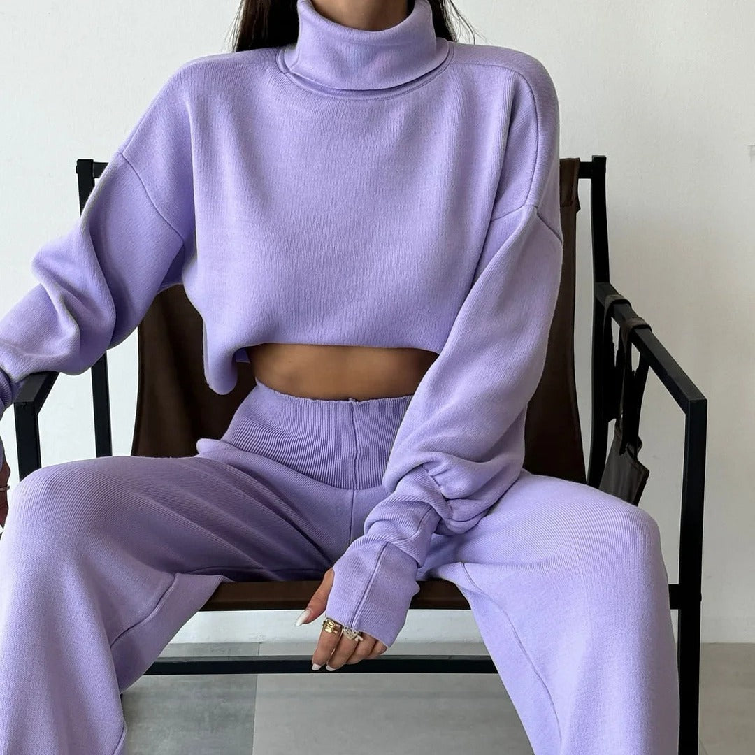 Women’s Lounge Set – Soft Knit – High Neck Top – Wide Leg – Relaxed Fit