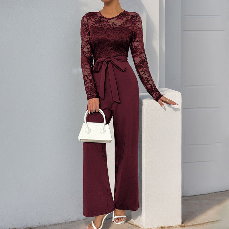 Women’s Jumpsuit – Lace Bodice – Long Sleeve – Wide Leg – Waist Tie – Formal Fit