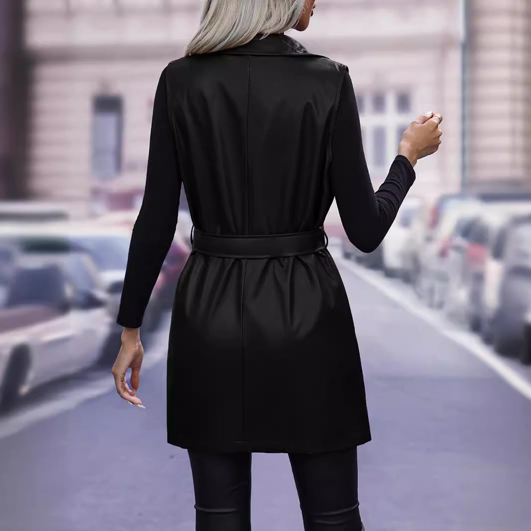 Women’s Vest Jacket – Faux Leather – Tailored Fit – Tie Waist – Sleeveless Layering
