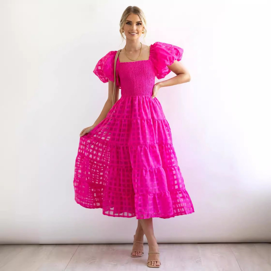 Women’s Maxi Dress – Off-Shoulder – Puff Sleeves – Smocked Waist – Tiered Skirt – Breathable Blend