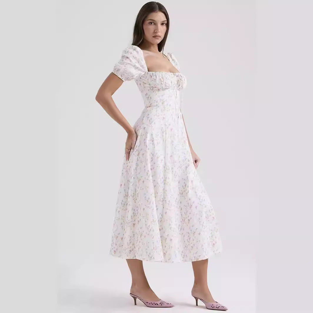 Women’s Midi Dress – Lightweight Cotton – A-Line Fit – Puff Sleeve – Square Neck