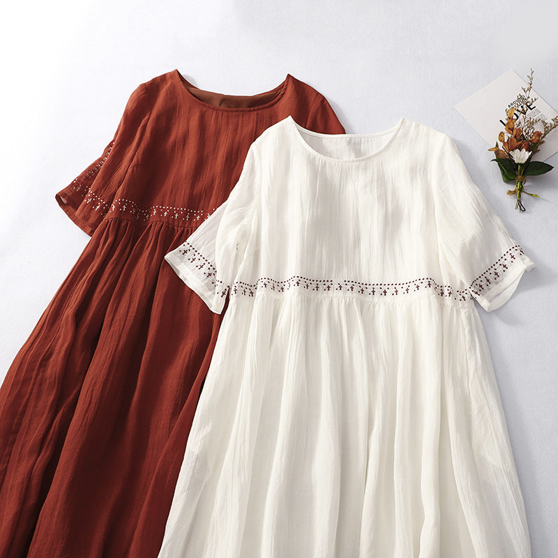 Women’s Maxi Dress – Relaxed Fit – Cotton – Short Sleeve – Lace Waist Detail