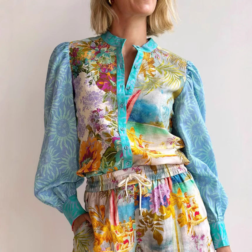 Women’s Linen Shirt and Shorts Set – Relaxed Fit – Button-Up – Drawstring Waist