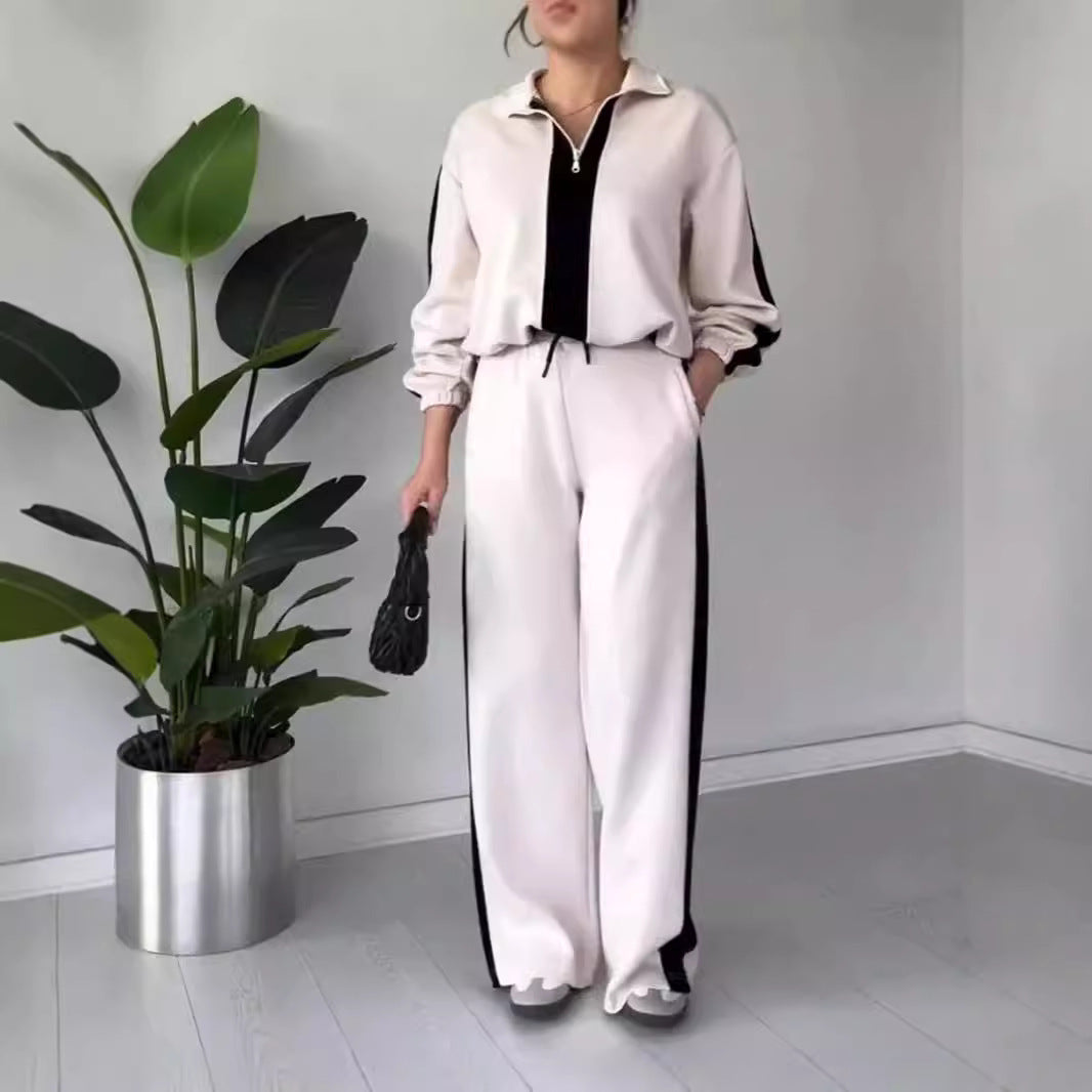 Women’s Two-Piece Set – Relaxed Fit Zip Collar Top & Wide-Leg Drawstring Pants