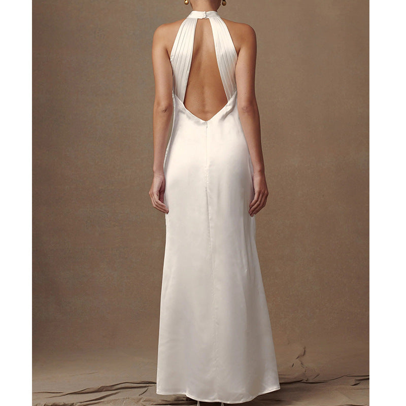 Women’s Evening Dress – Satin Slim Fit – Halter Neck – Floral Embellishment – Floor Length