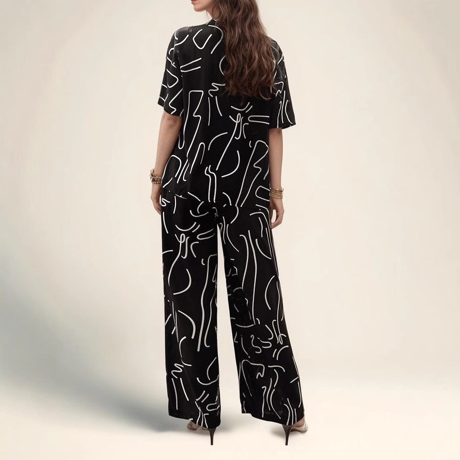 Women’s Oversized Blouse – Breathable Cotton – Abstract Print – Short Sleeve – Button Front