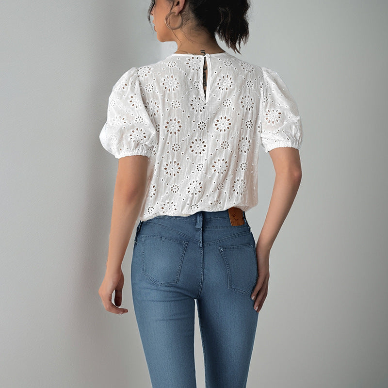 Women’s Blouse – Cotton Blend – Lace Cut-Out – Puff Sleeve – Relaxed Fit – Front Tie