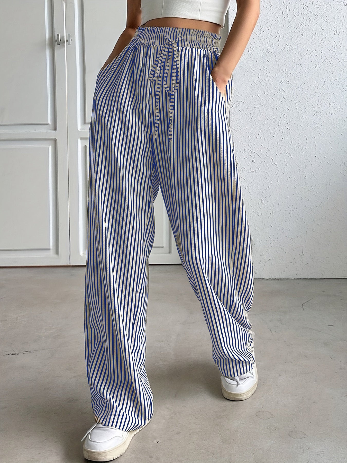 Women’s Straight-Leg Trousers – Drawstring Waist – Striped – Lightweight Breathable Fit