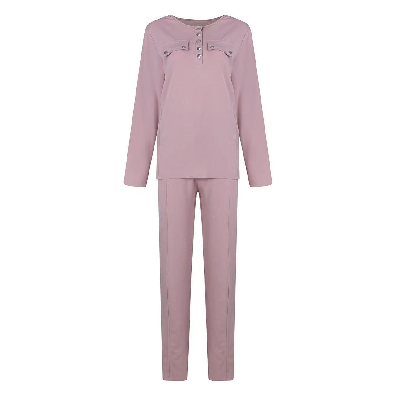 Women's Lounge Set - Henley Long Sleeve Top & Elastic Waist Trousers - Soft Knit Casual Wear