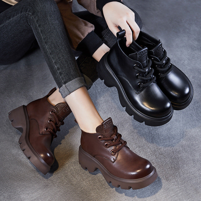 Women’s Ankle Boots – Genuine Leather – High-Top – Chunky Sole – Lace-Up Closure