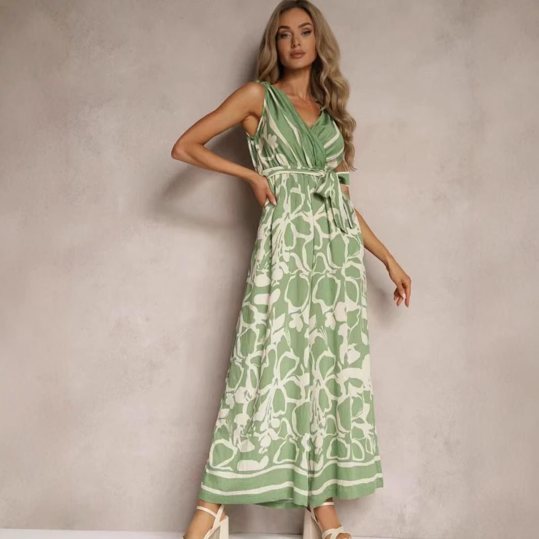 Women’s Jumpsuit – Lightweight Woven Fabric – Sleeveless V-Neck – Tie Waist – Printed Full Length