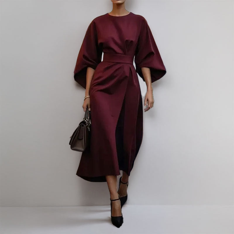 Women’s Long Dress – Satin Feel – Batwing Sleeve – Fitted Waist – Draped Silhouette