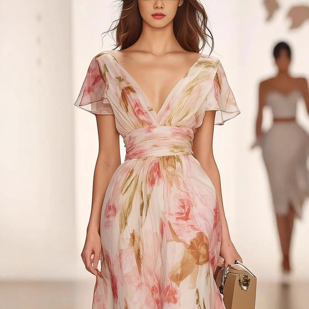 Women’s Maxi Dress – Fit and Flare – Deep V-Neck – Flutter Sleeve Floral Gown