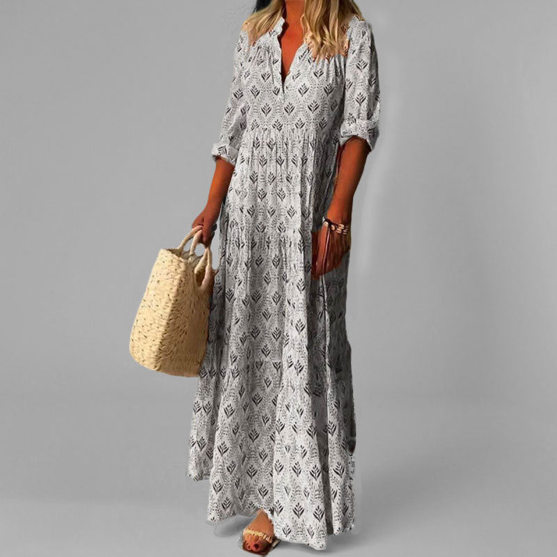 Women’s Maxi Dress – Lightweight Cotton – Loose Fit – V-Neck – Vintage Print – 3/4 Sleeve
