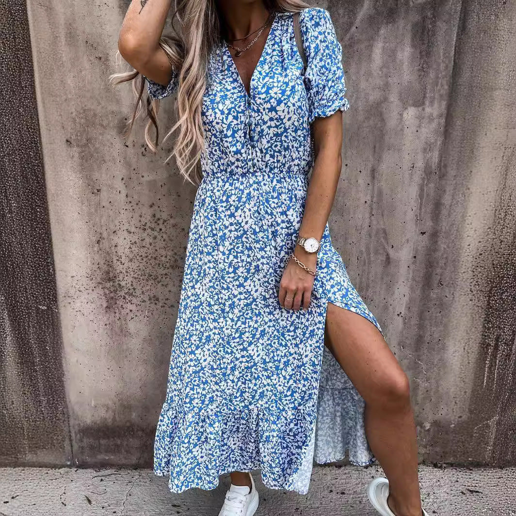 Women’s Maxi Dress – High Waist – V-Neck – Short Sleeve – Floral Print – Side Slit