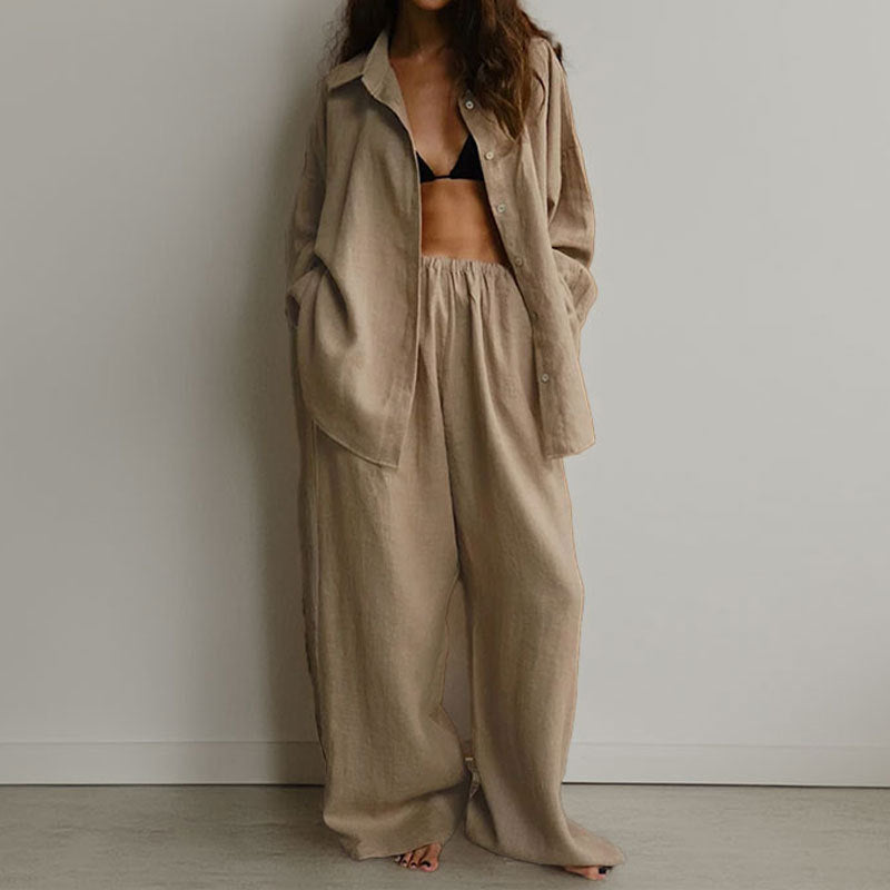 Women’s Two-Piece Set – Linen Blend – Oversized Fit – Button-Down Shirt & Wide-Leg Trousers