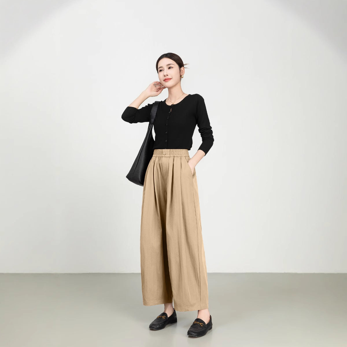 Women’s Wide-Leg Trousers – High Rise – Elastic Waist – Lightweight Twill – Full Length