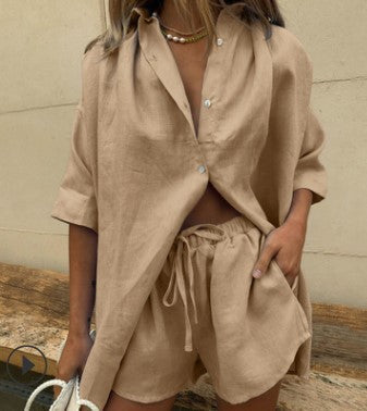 Women’s Two-Piece Set – Lightweight Linen Blend – Relaxed Fit Shirt and Drawstring Shorts