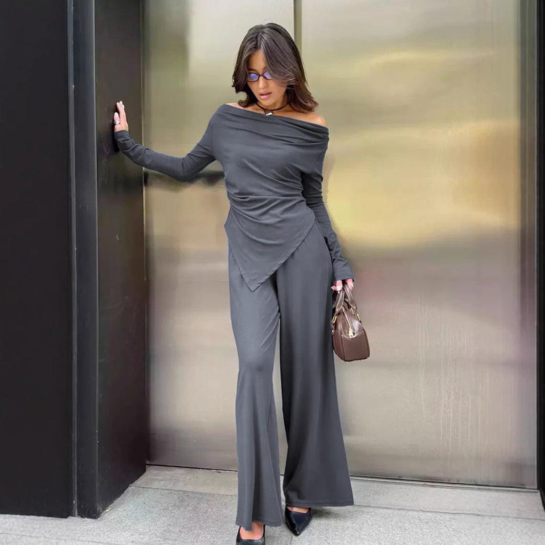 Women’s Knit Set – Off-Shoulder Slim Top – Asymmetrical Hem – Wide-Leg Trousers